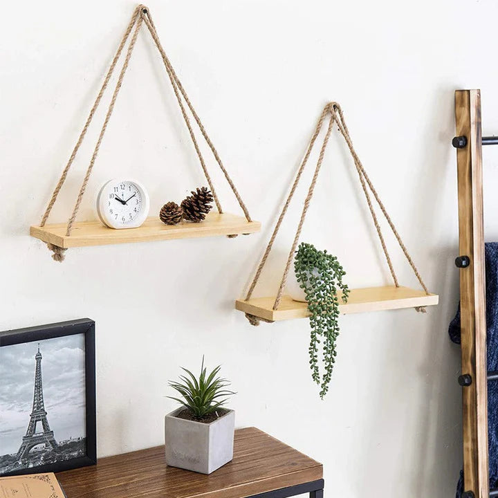 Wooden Rustic Rope Hanging Shelf – Floating Wall Bracket for Flower Pots
